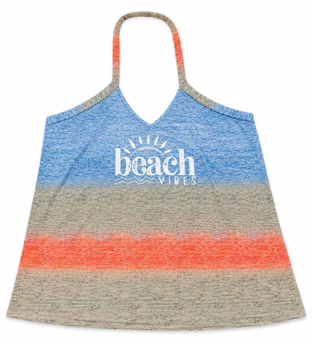 Beach Vibes Halter Tank Top Women’s Large Blue Gray Coral Striped Graphic